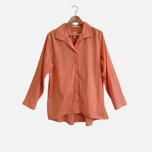Chico’s No Iron Button Down Sz 3 XL Sz 16 Peach Orange Tunic Length Coastal Prep